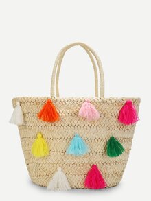 Multicolor Tassel Detail Straw Bucket Bag