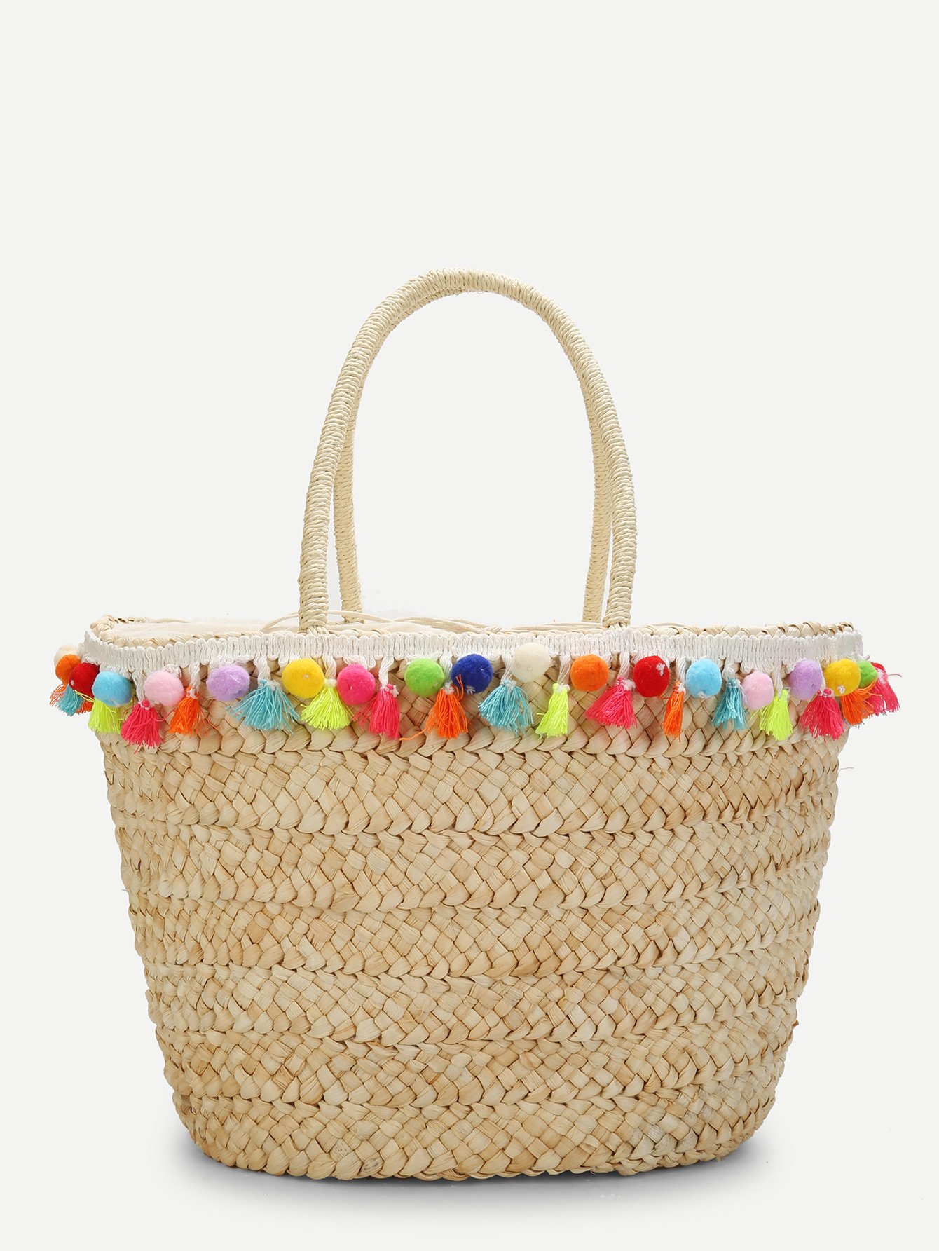 Tassel & Pom Pom Detail Straw Bucket Bag pom pom tassel ethnic pendant earrings