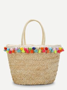 Tassel & Pom Pom Detail Straw Bucket Bag