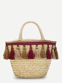 Tassel Detail Straw Bucket Bag