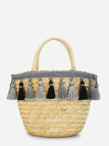 Tassel Detail Straw Bucket Bag