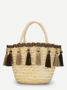 Tassel Detail Straw Bucket Bag