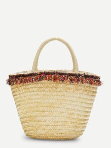 Paper Tassel Detail Straw Bucket Bag