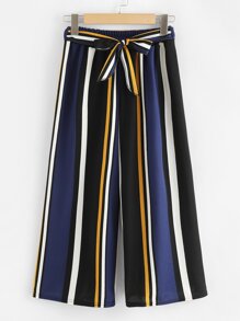 Self Tie Waist Striped Wide Leg Pants