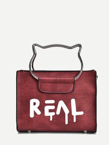 Letter Print Shoulder Bag With Cat Shaped Handle