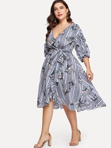 Gathered Sleeve Floral & Striped Wrap Dress