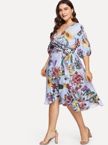 Surplice Wrap Floral & Striped Dress