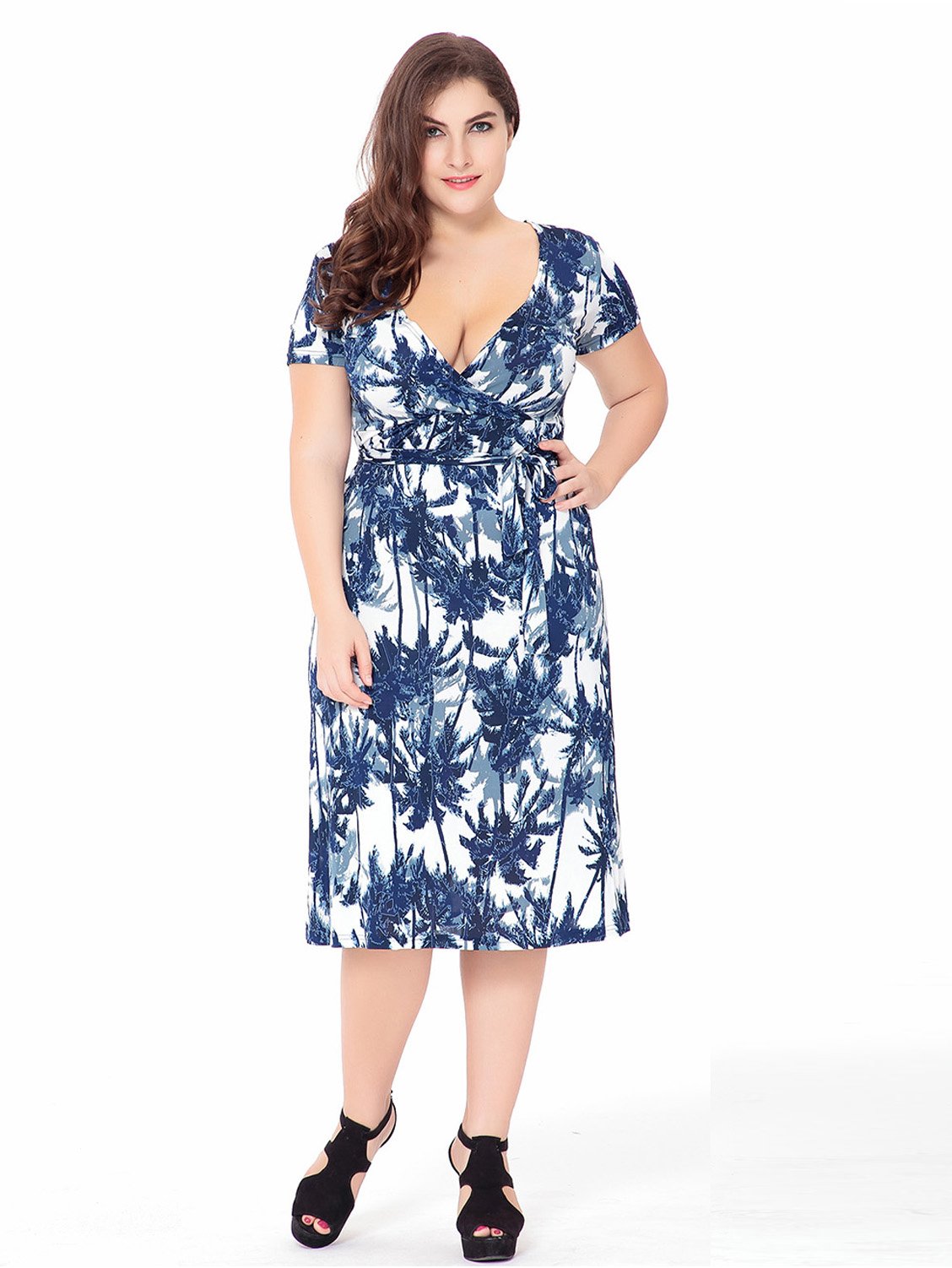 Plus Surplice Neckline Knot Waist Printed Dress
