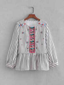 Striped Embroidery Pom Pom Detail Blouse