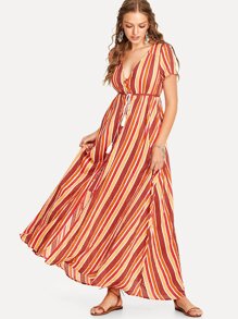 Tassel Tie Shirred Waist Striped Dress