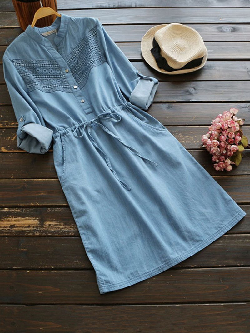 Rolled Cuffed Lace Panel Drawstring Waist Dress