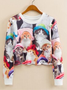 Cats Print Crop Sweatshirt