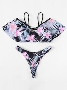 High Leg Tropical Print Bikini Set