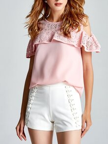 Lace Contrast Open Shoulder Top