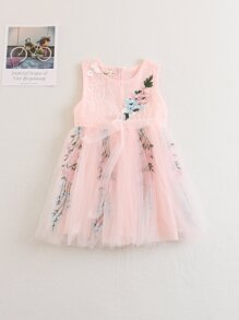 Kids Floral Embroidered Mesh Overlay Dress
