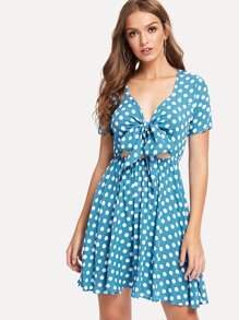 Knot Front Open Midriff Polka Dot Dress
