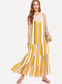 Lace Neck Tiered Striped Dress