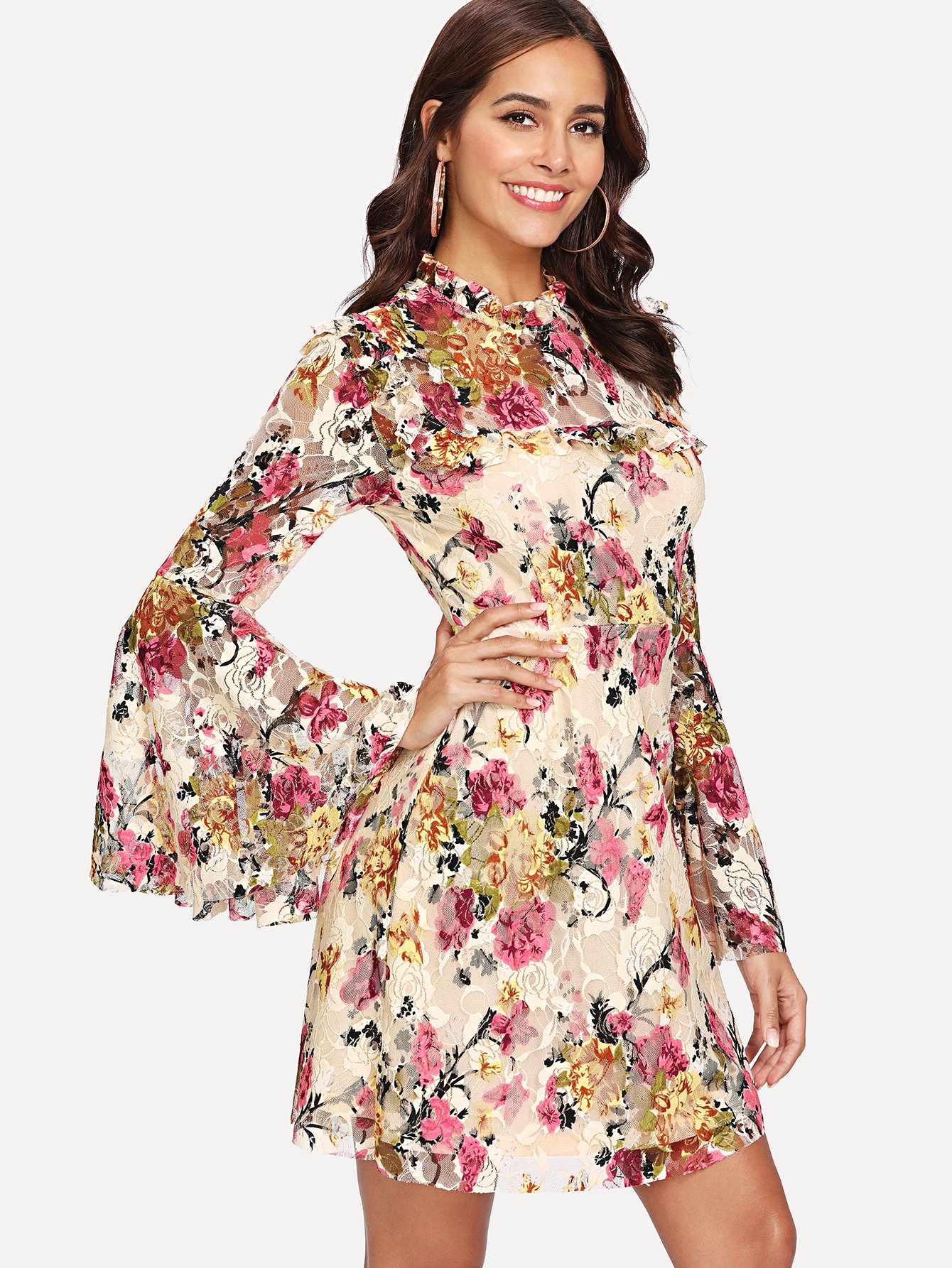 Trumpet Sleeve Frill Detail Floral Dress kids floral frill slip dress