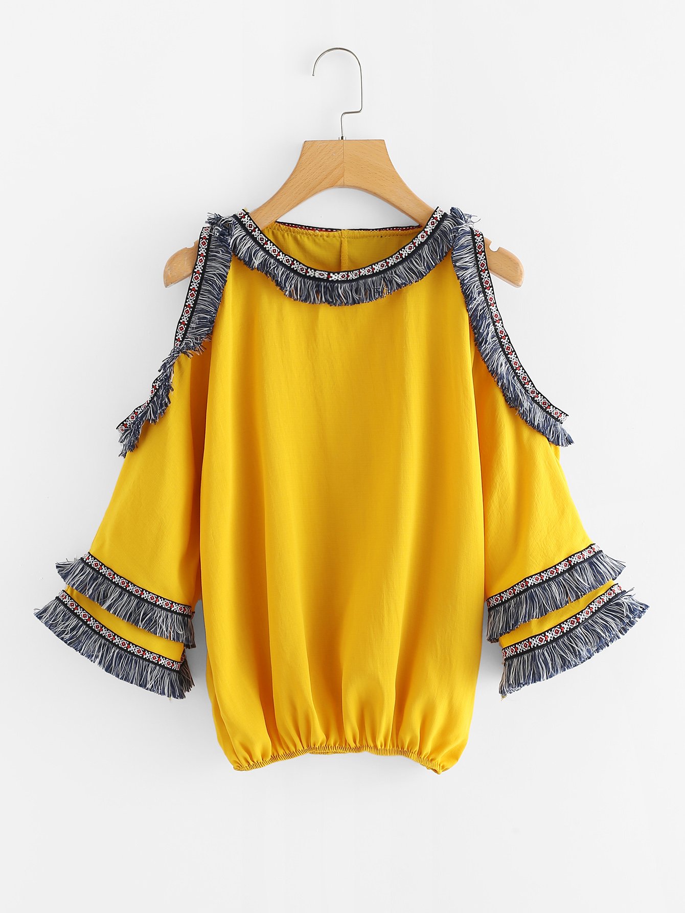 Cutout Sleeve Tassel Embroidered Tape Detail Blouse