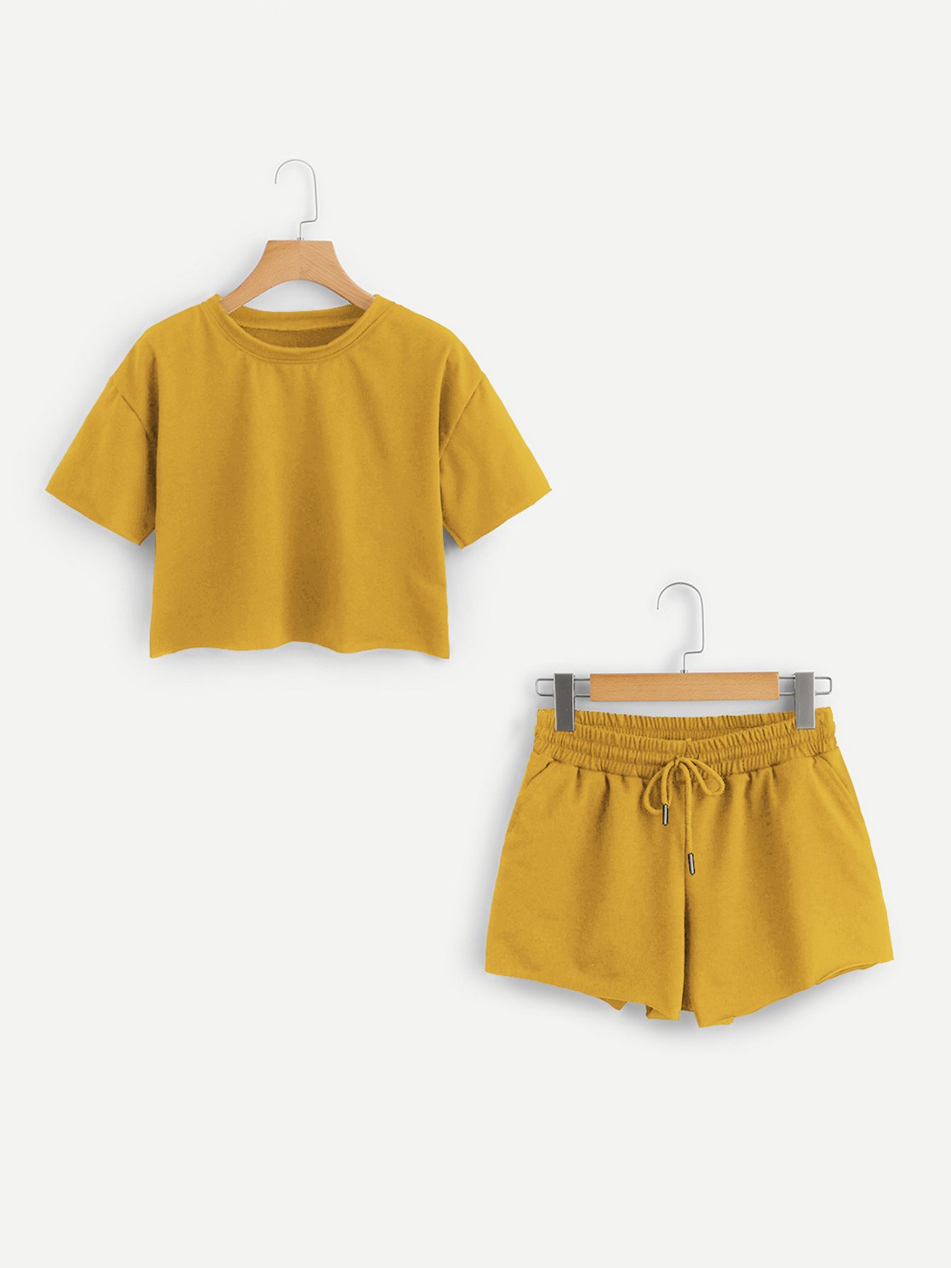 Round Neck Basic Tee With Ruffle Waist Shorts