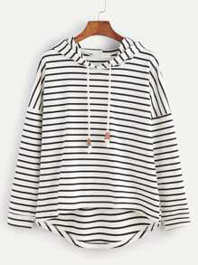 Black White Striped Drop Shoulder High Low Hooded Sweatshirt