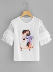 Figure Print Lace Contrast Sleeve Tee