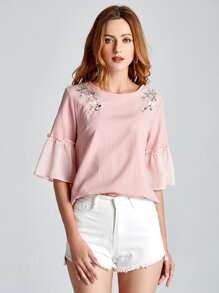 Floral Embroidered Ruffle Sleeve Top