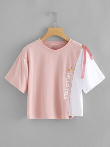 Asymmetrical Hem Color block Self Tie Tee