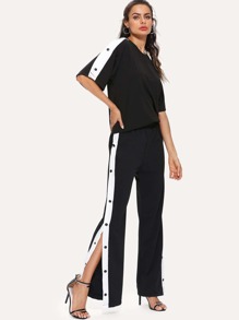 Stripe Contrast Button Top & Split Wide Leg Pants