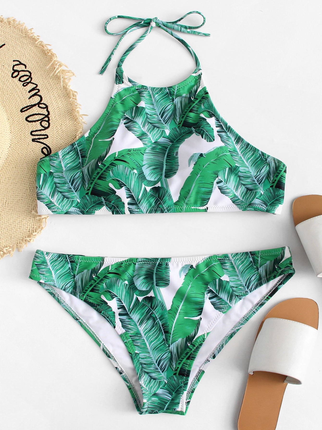 Plus Palm Leaf Print Halter Neck Bikini Set