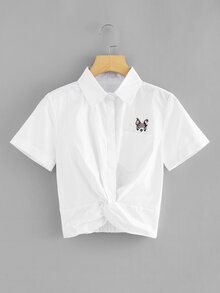 Dog Embroidered Patch Twist Front Top