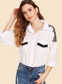 Contrast Lace Shoulder Fringe Flap Pocket Blouse