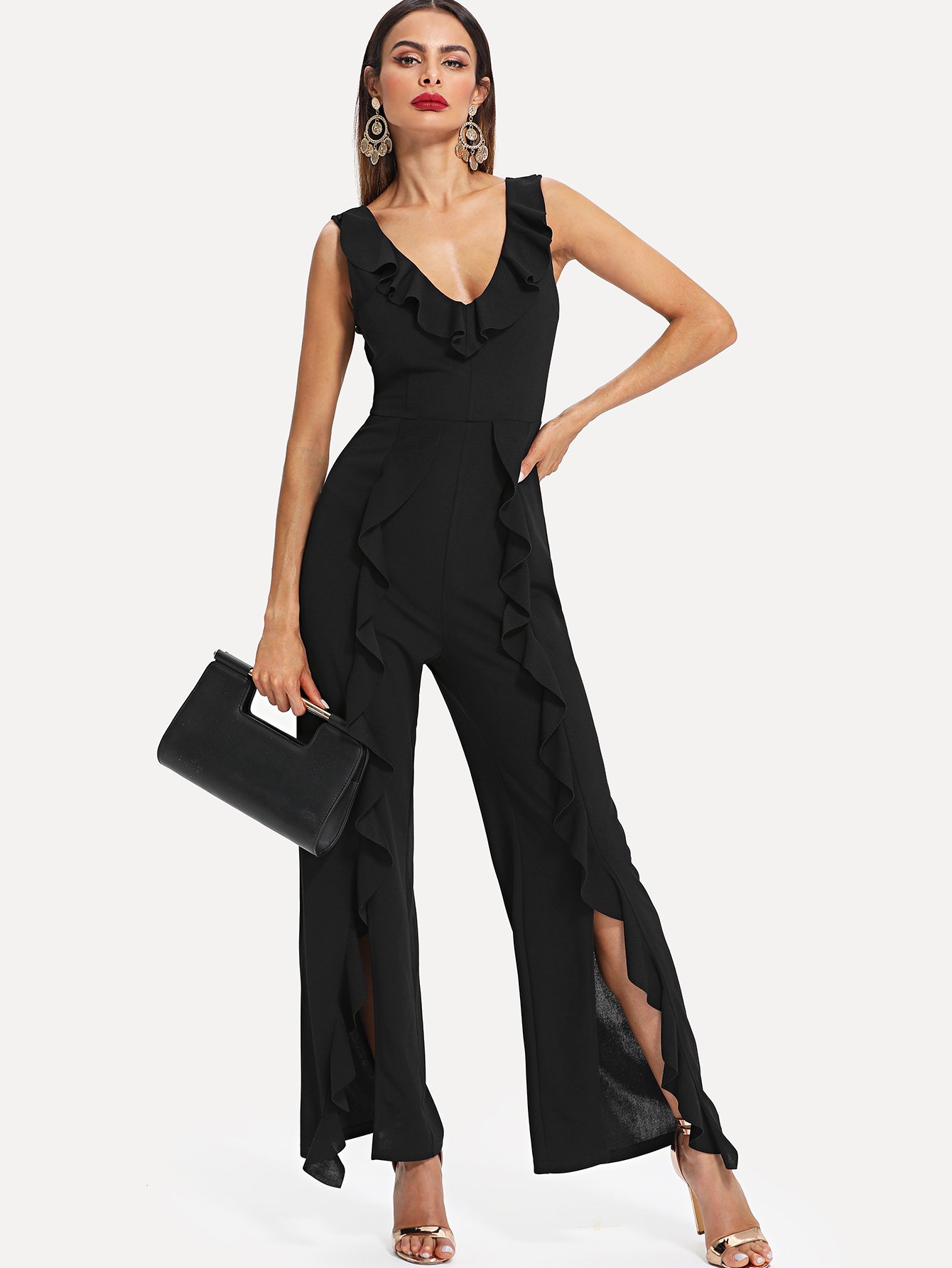 Ruffle Trim Split Hem Wide Leg Jumpsuit floral print split hem jumpsuit