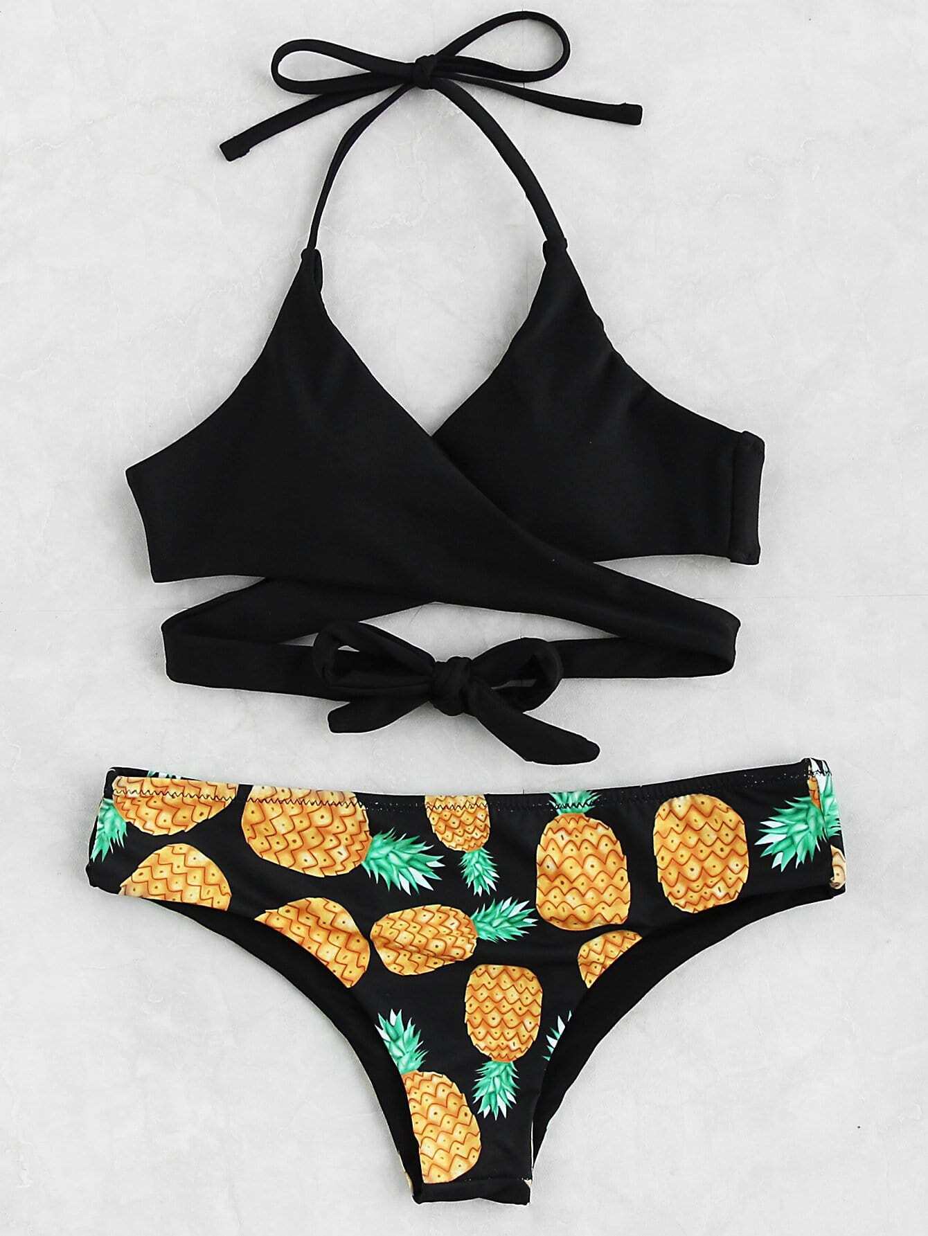 Plus Crisscross Knot Front Pineapple Print Bikini Set