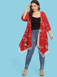 Tassel Hem Longline Floral Kimono
