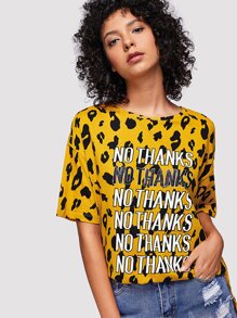 Slogan Print Split Side Leopard Tee
