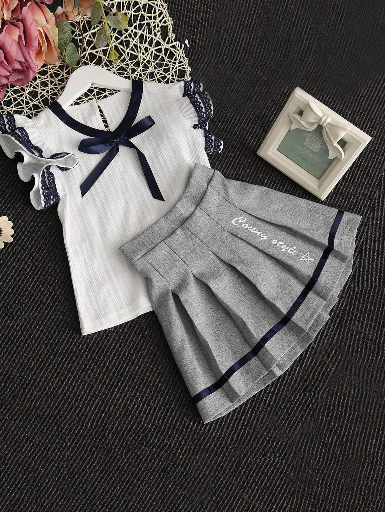 Girls Contrast Lace Ribbon Detail Top With Skirt