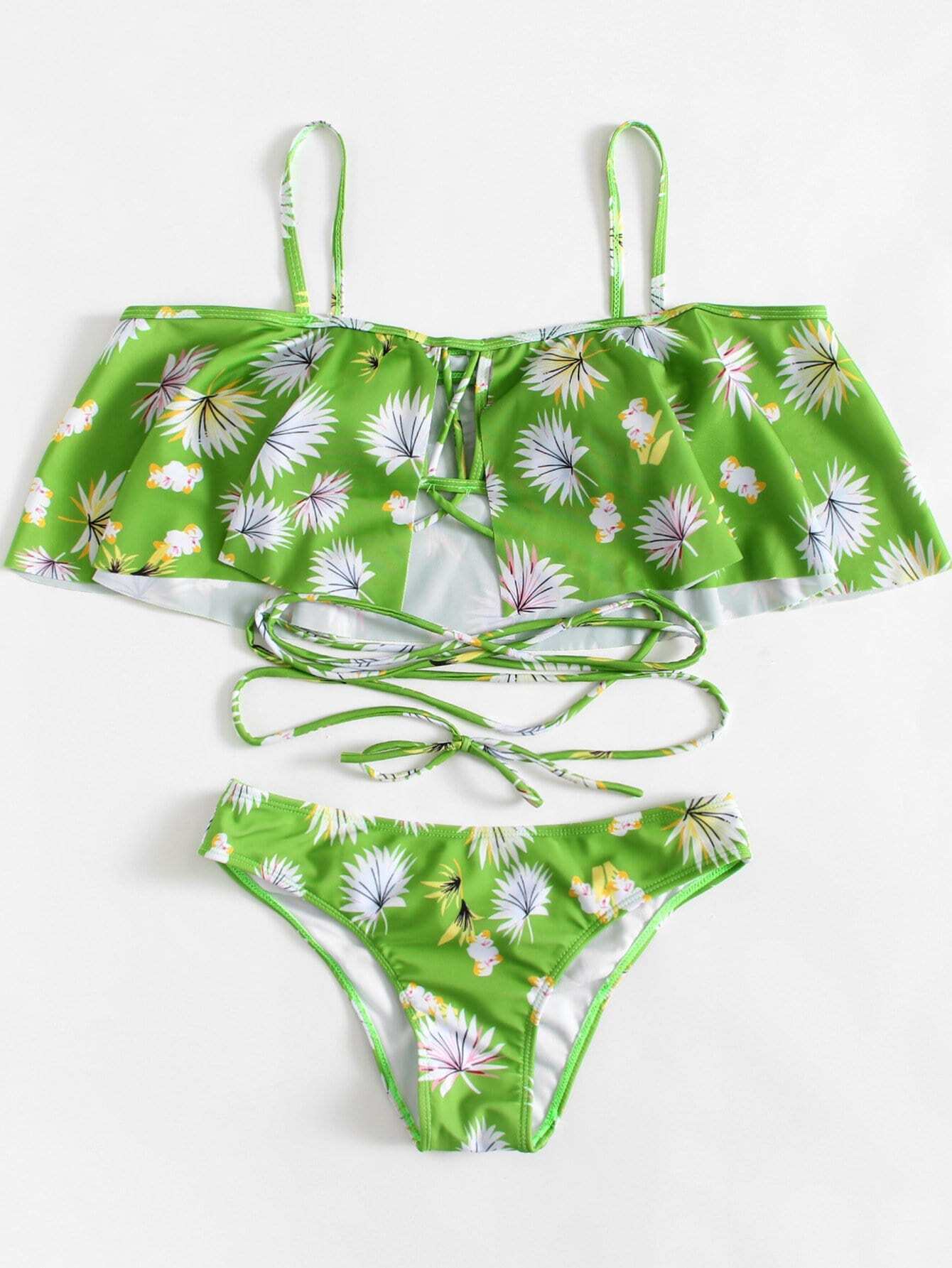 цена Flower Print Flounce Bikini Set