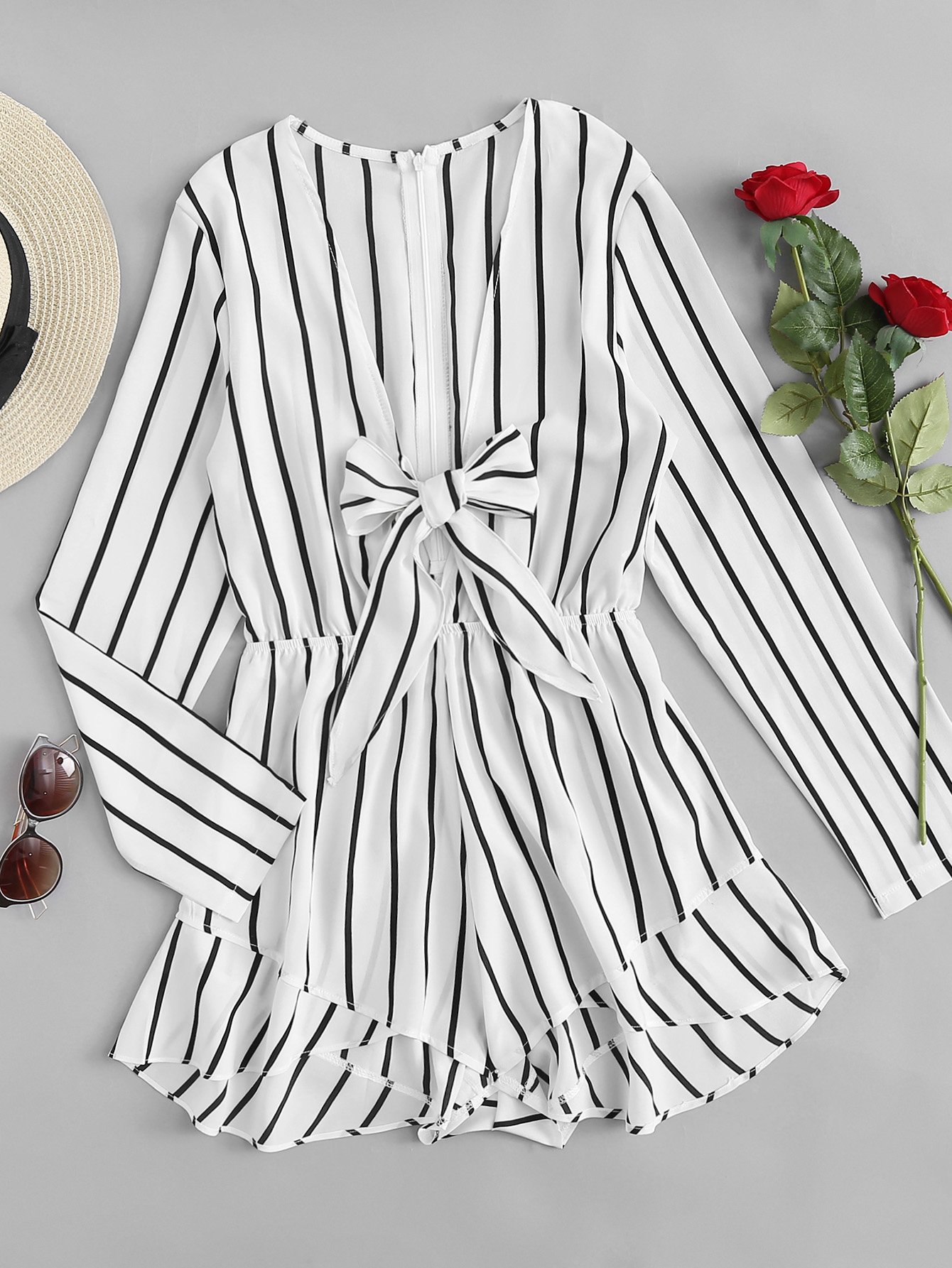 Plunging V-neckline Striped Bow Tie Front Frill Romper