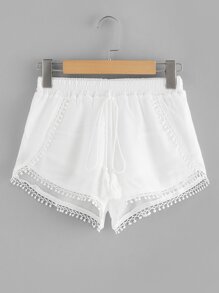 Lace Trim Fringe Tie Shorts