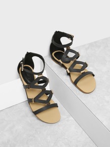 Metal Detail Back Zipper PU Sandals