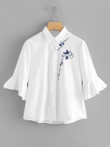 Flounce Sleeve Botanical Embroidered Shirt