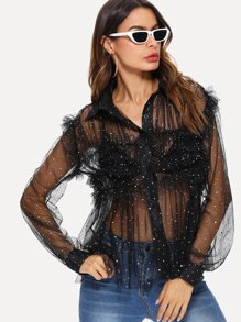 See Through Ruffle Mesh Blouse