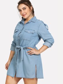 Tie Waist Longline Denim Shirt