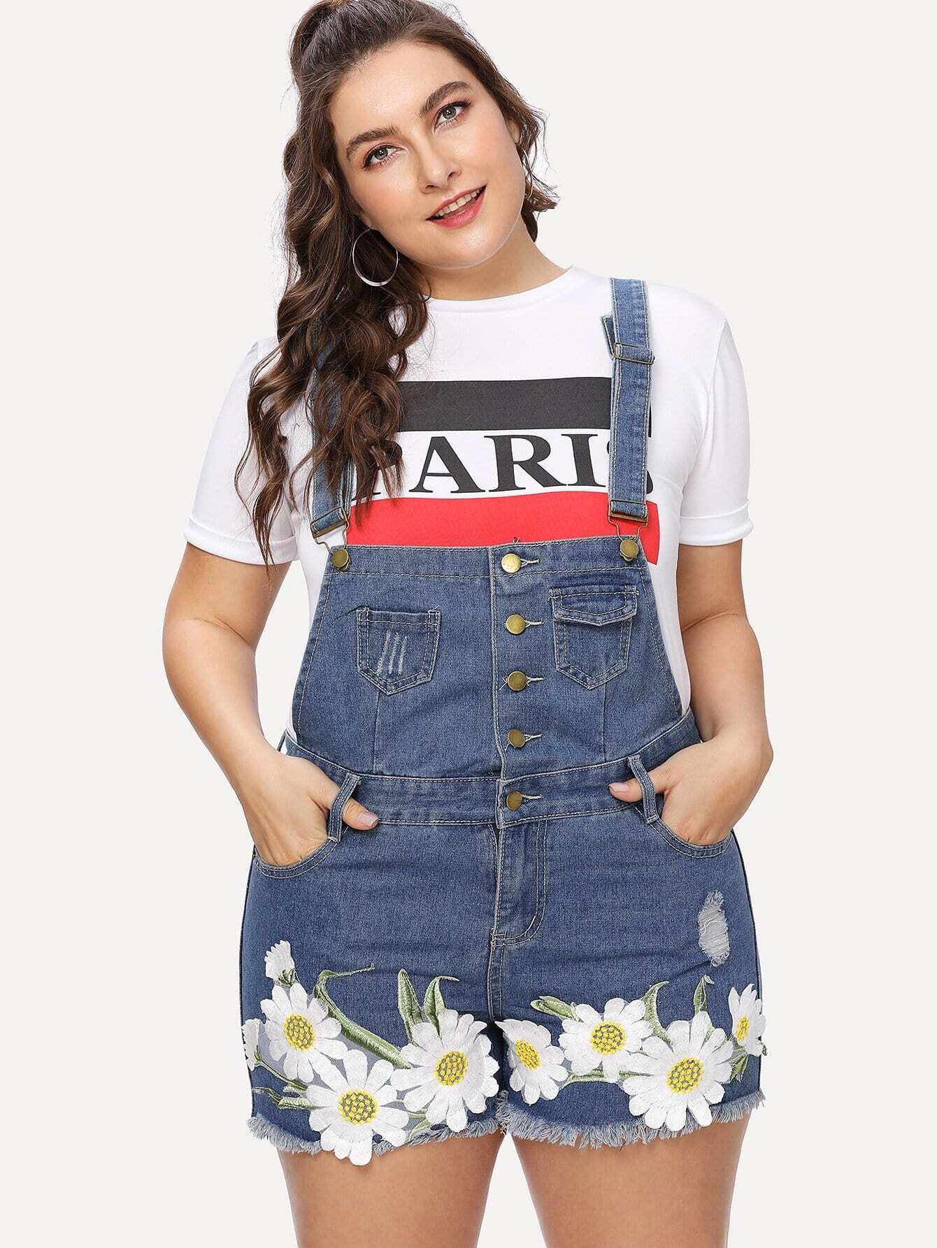 Комбинезон деним с пуговицами и аппликацией цветы