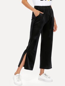 Split Side Drawstring Velvet Wide Leg Pants