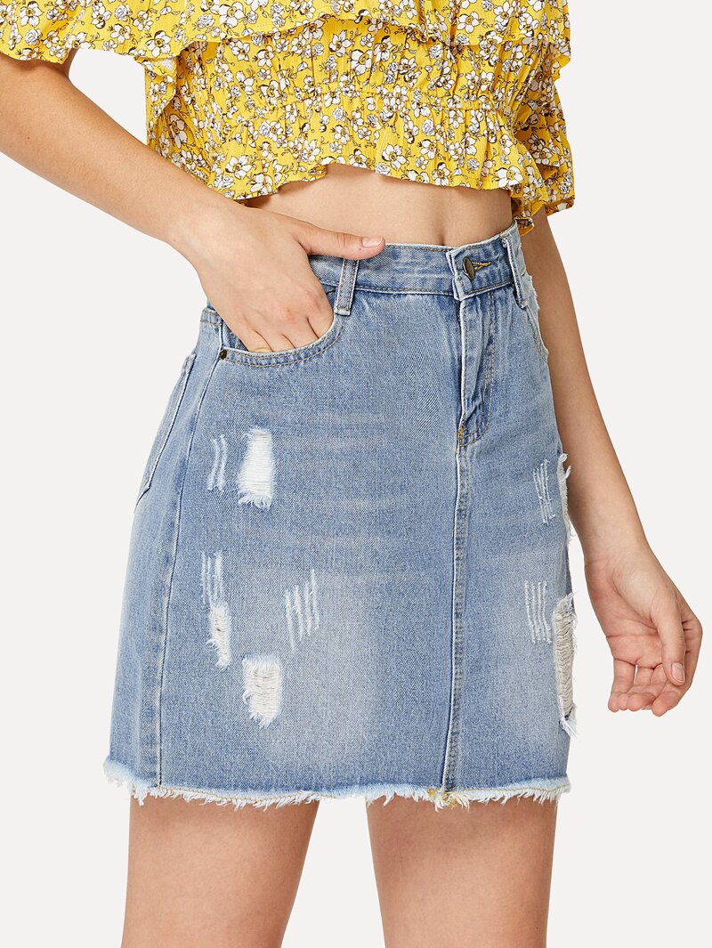 Mini Skirt Blue Hem Raw Ripped Waist Summer Denim RSKx4yXqtw