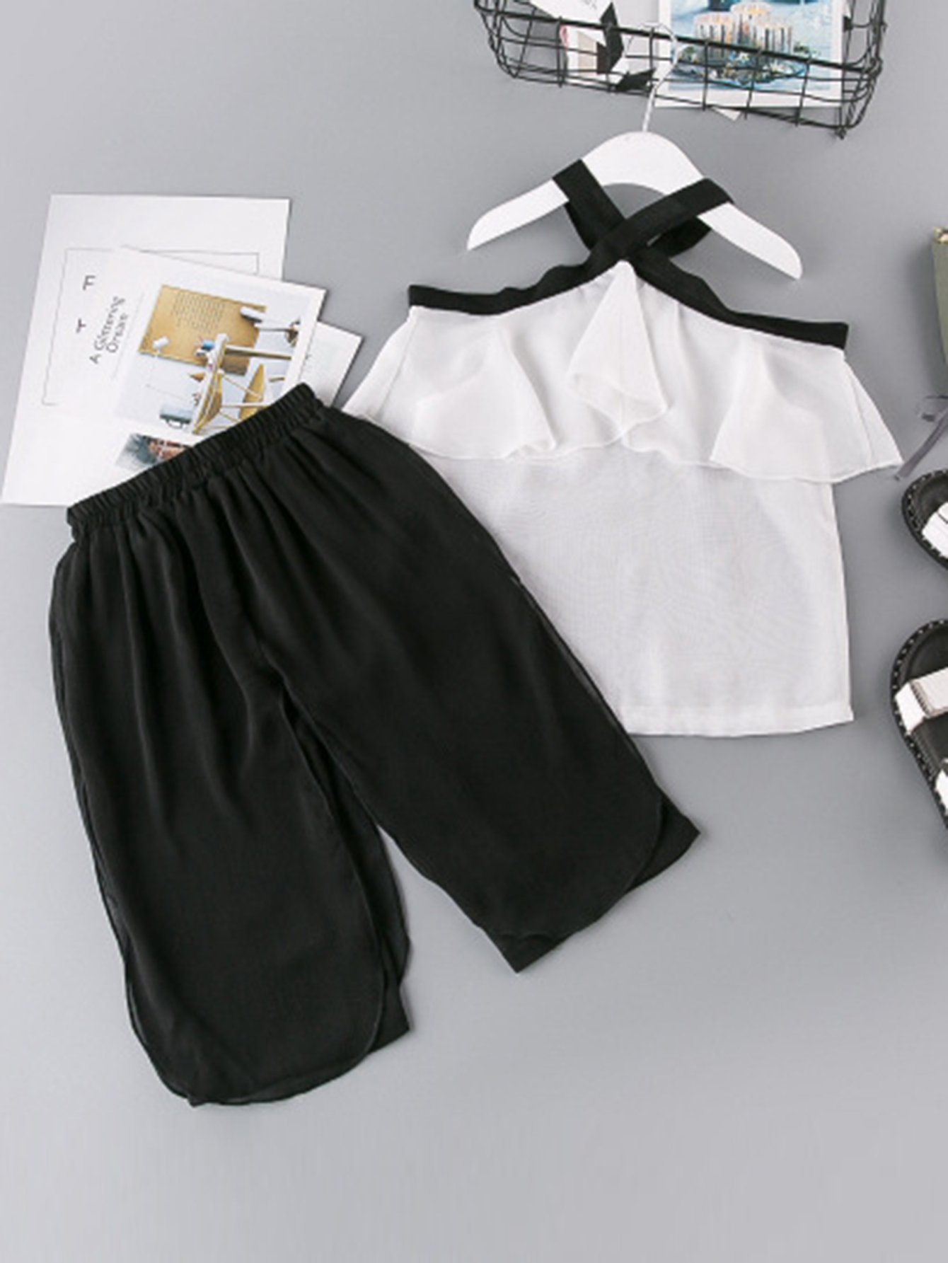 Kids Open Shoulder Knot Back Top With Pants