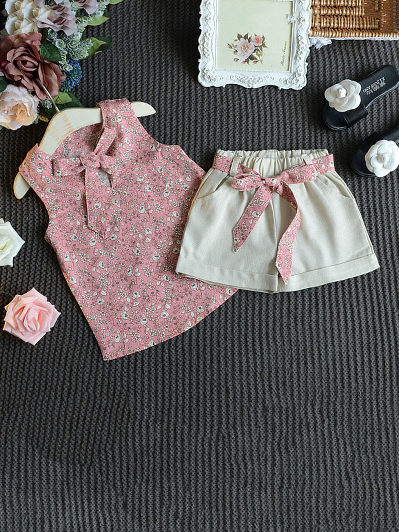 Girls Floral Print Knot Front Top With Shorts