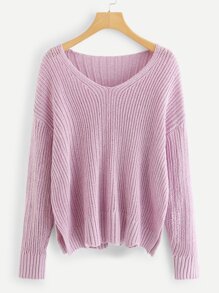 Drop Shoulder Slit Hem Sweater